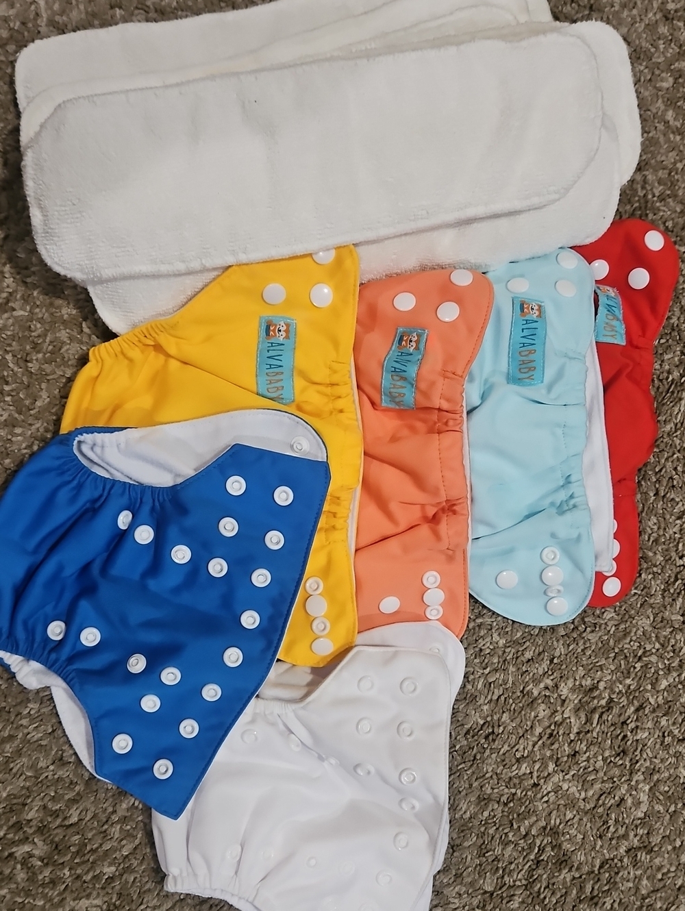 6- Alva BABY Reusable NEWBORN Cloth Diaper Covers- 10 100% Cotton Inserts.